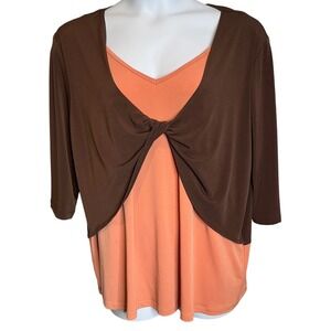 Vintage CM Shapes Womens Liquid Knit  Layered Top Est Sz 1X Brown Peach Stretchy